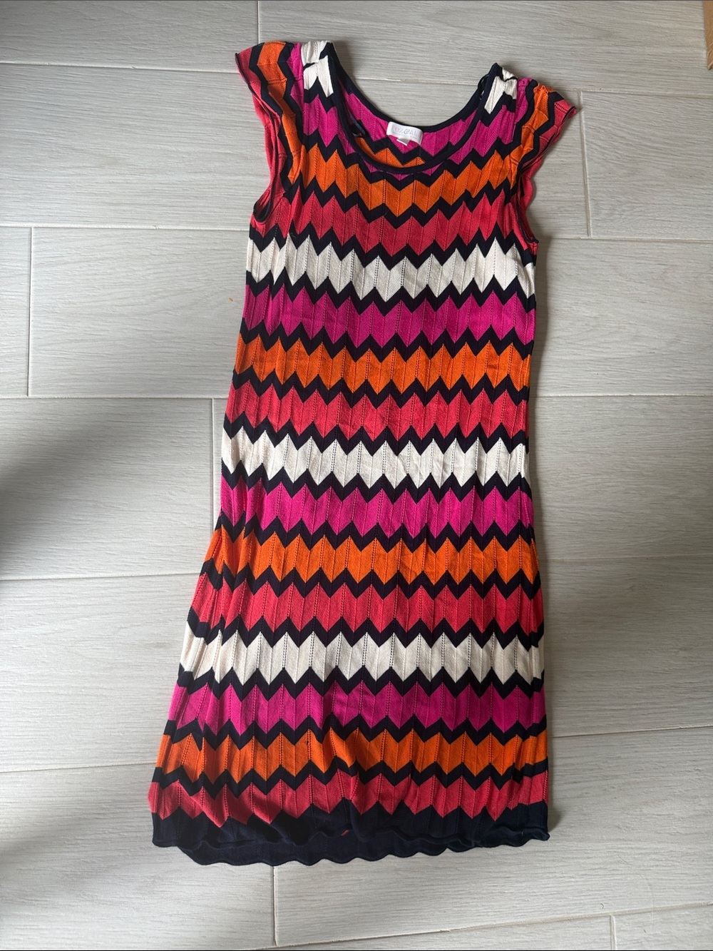 Roz & Ali Girls Chevron Knit Dress in Pink, Orange, White & Black